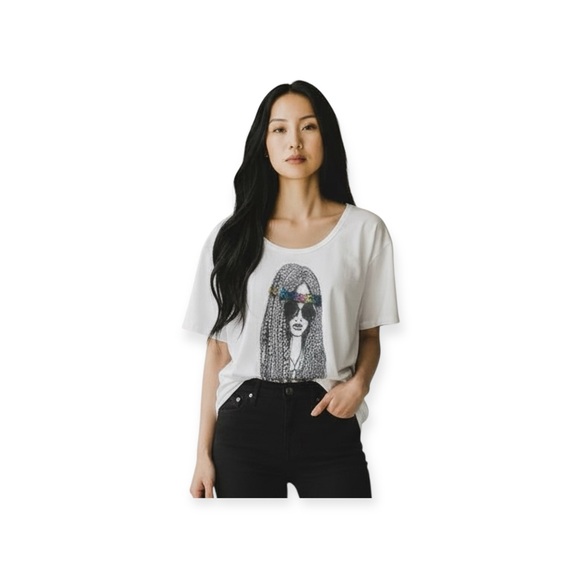 VHTF: Lauren Moshi โ๏ธ๏ธ Tess Color Foil Hippie Girl Swing Tee T Shirt โ๏ธ๏ธ White M - Picture 2 of 15